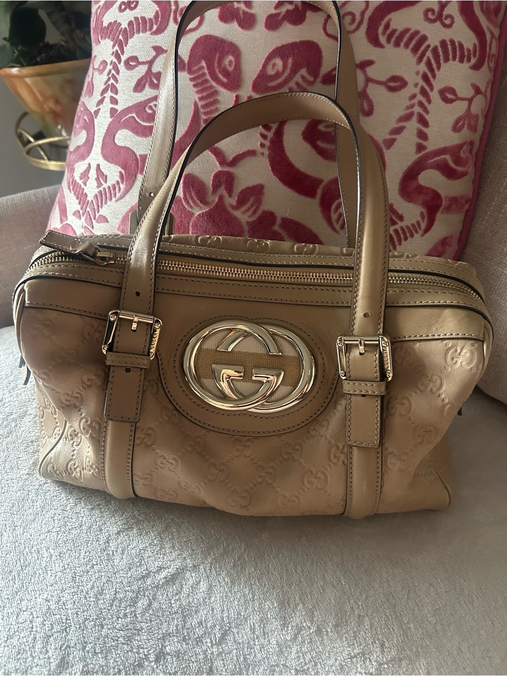 Gucci Tan Logo-Embossed Leather Shoulder Bag with Gold Hardware